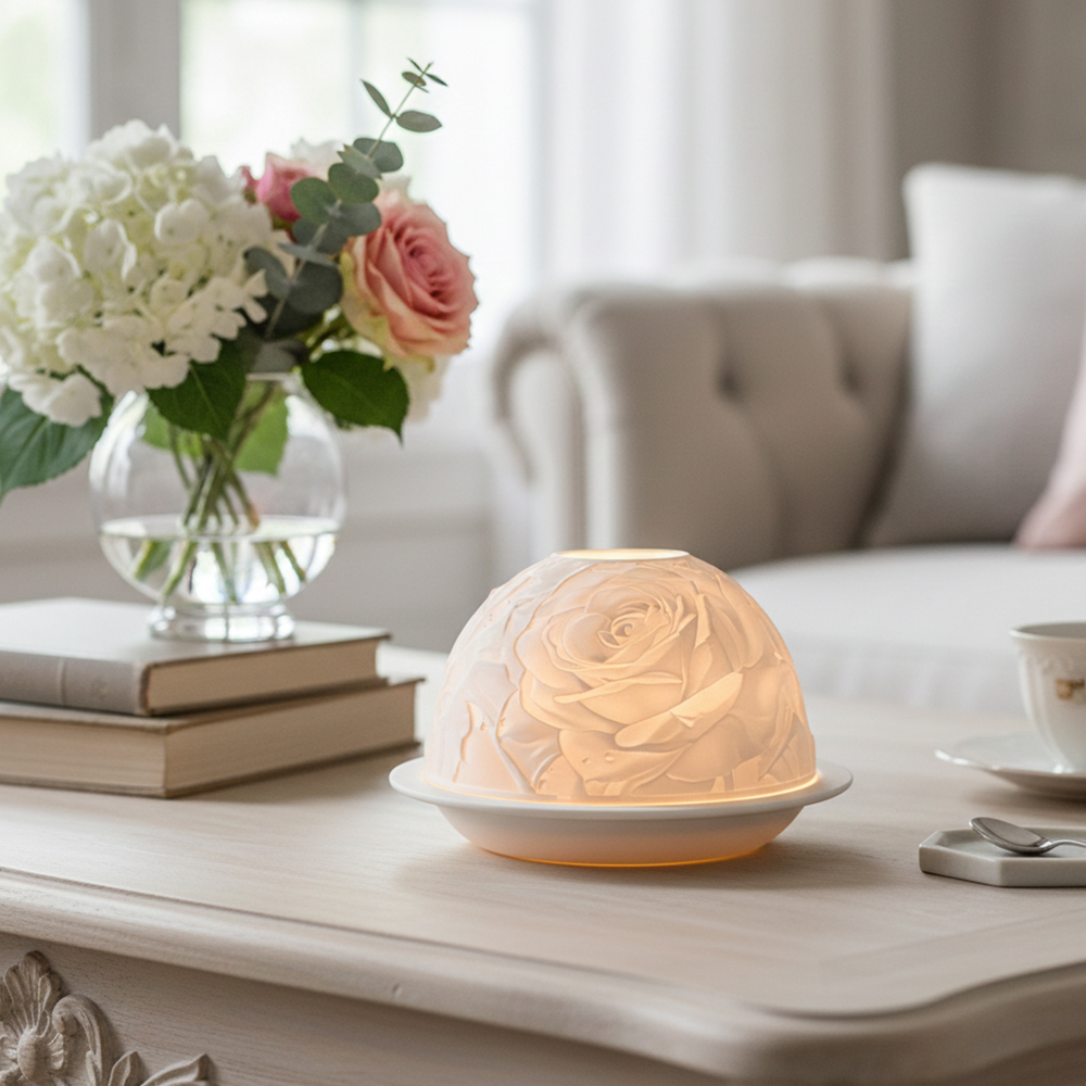Candle Holder Decor - Elegante portacandele in porcellana rosa, luce